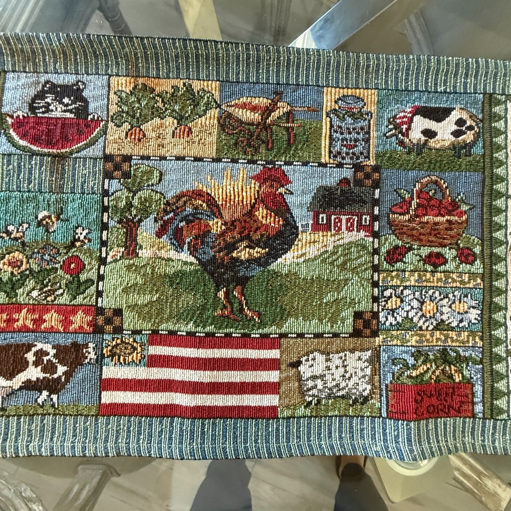 Vintage‎ 12" X 67" Table Runner Farm Floral Cat America Barn Cow Apples Rooster - Picture 2 of 13